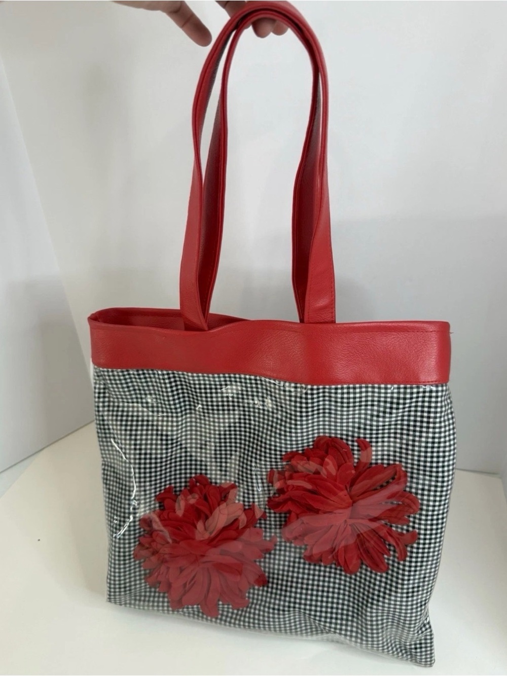 Atenti Accessories Gingham Tote Bag Red Floral Flowers Clear Vinyl Overlay USA